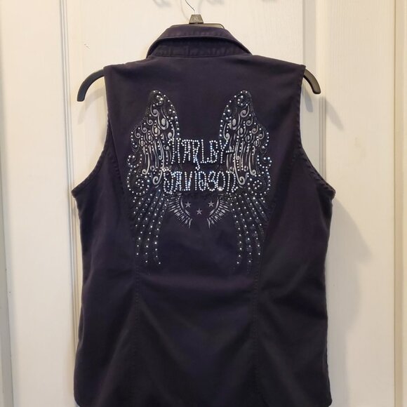 Genuine Black Harley-Davidson Rhinestone fitted Vest w/Bling Wings- XL - Picture 3 of 6